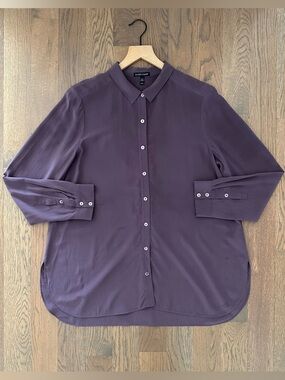 Eileen Fisher Silk Georgette Crepe Collared Long Sleeve Blouse in Purple Medium